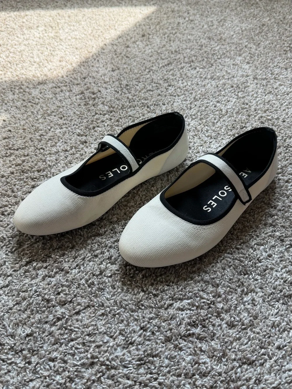 AEROSOLES Cream Canvas Mary Jane Flats with Black Trim